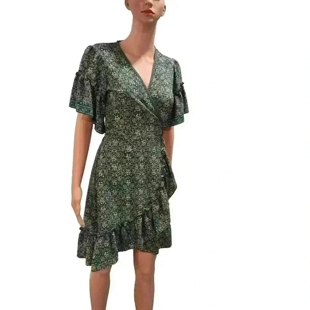 Elegant Floral Wrap Dress with Ruffled Hem